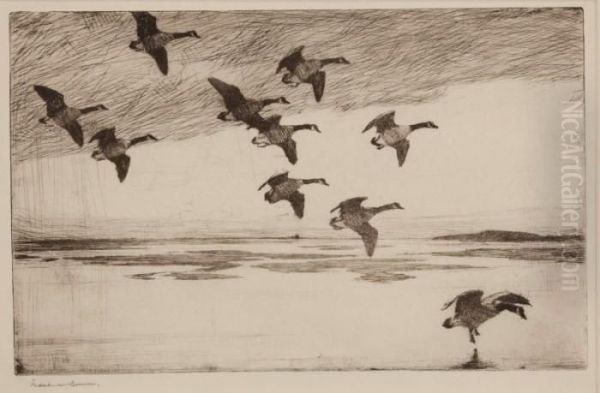 Geese Drifting Down Oil Painting by Frank Weston Benson