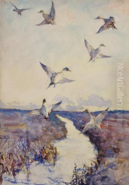 Pintails In Flight Over A Marsh Oil Painting by Frank Weston Benson