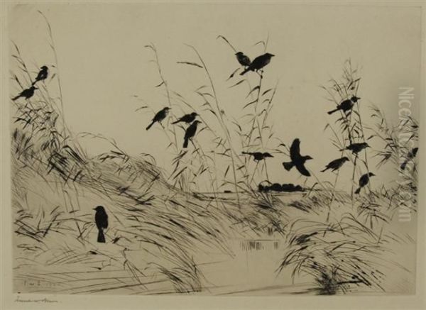 Blackbirds And Rushes by Frank Weston Benson