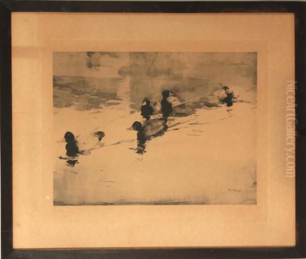 Five Bluebills Swimming Oil Painting by Frank Weston Benson