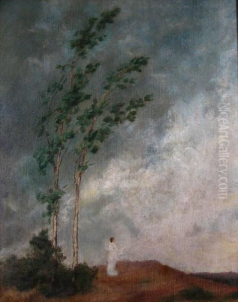 Lady In White On A Stormy Hillside Oil Painting by Frank Weston Benson