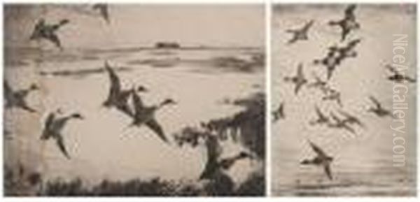 High Flying Ducks And Geese: Two Works Oil Painting by Frank Weston Benson