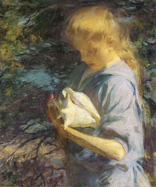 Eleanor Holding A Shell Oil Painting by Frank Weston Benson