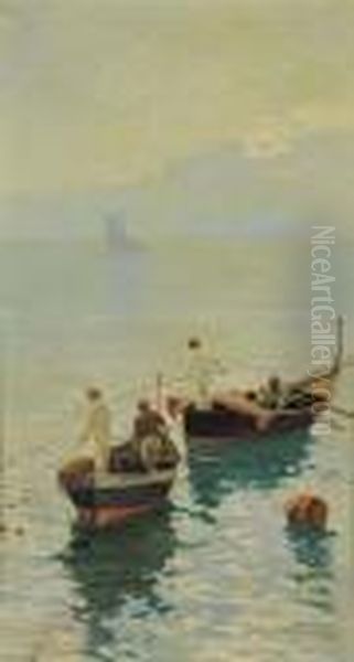 Marina Con
 Pescatori Oil Painting by Cesare Bentivoglio