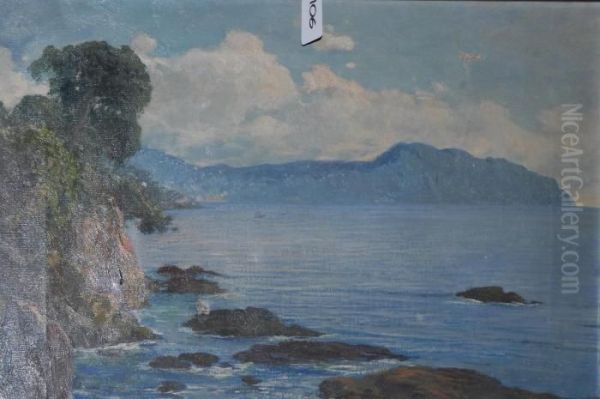 Veduta Della Costa Ligure, Cm 40x63, Firmato In Basso A Destra Oil Painting by Cesare Bentivoglio