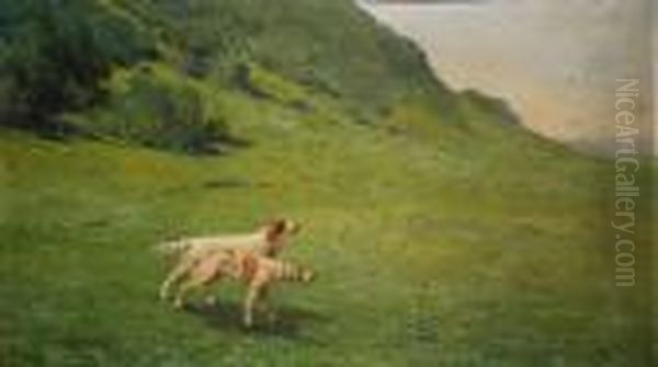 Cani Alla Puinta In Paesaggio Montano Oil Painting by Cesare Bentivoglio