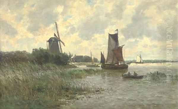 Vessels on a Dutch waterway Oil Painting by Carlos de Haes