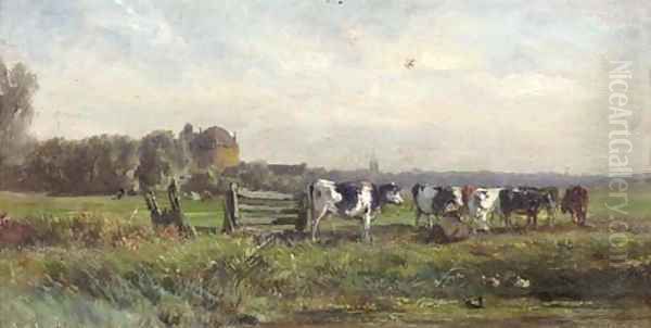 A Dutch polderlandscape - a study Oil Painting by Carlos de Haes