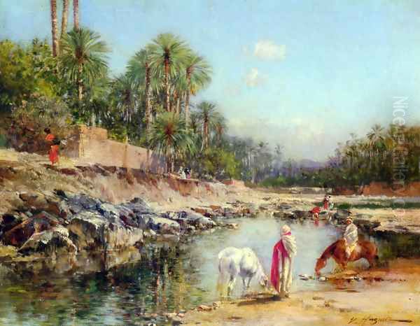 Figures Standing by a Caravan Oil Painting by Victor Pierre Huguet