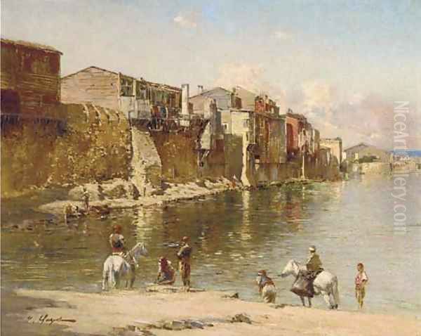 Figures on a river bank Oil Painting by Victor Pierre Huguet