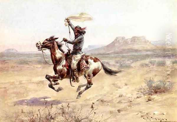 Apache Indian Scout Signalling the Column Oil Painting by Herman Wendleborg Hansen