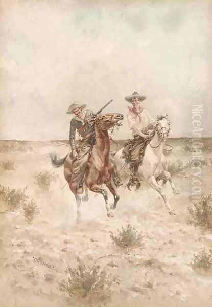 Two Cowboys on Horseback Oil Painting by Herman Wendleborg Hansen