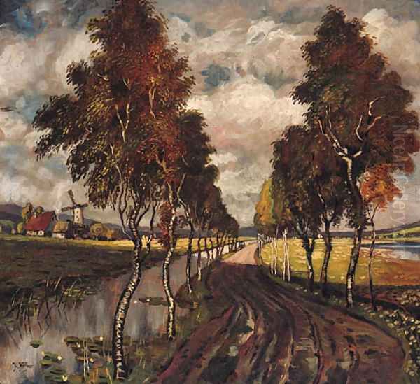 A Country Track lined with Poplars Oil Painting by Karl Heffner