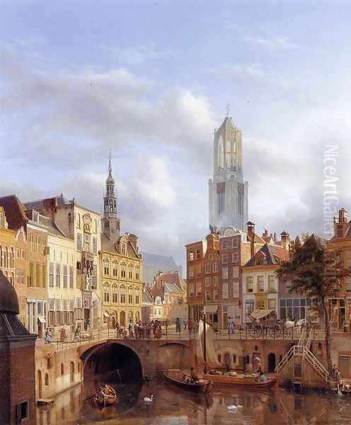 The Oudegracht with a View of the Old Town Hall and the Dom Tower beyond, Utrecht Oil Painting by Georg-Gillis Haanen