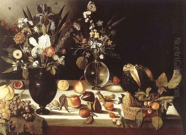 A Table Laden with Flowers and Fruit 1600-10 Oil Painting by Master of the Hartford Still-life