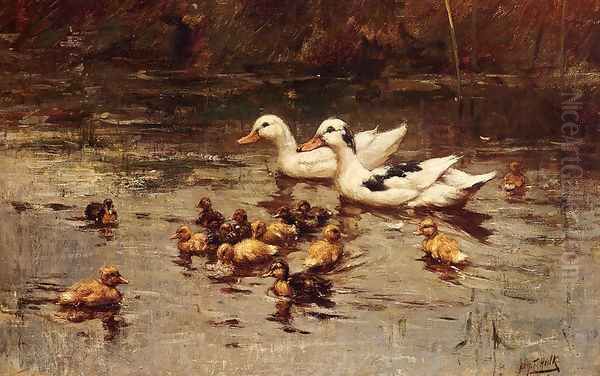 Ducks Having A Swim Oil Painting by Johannes Frederik Hulk