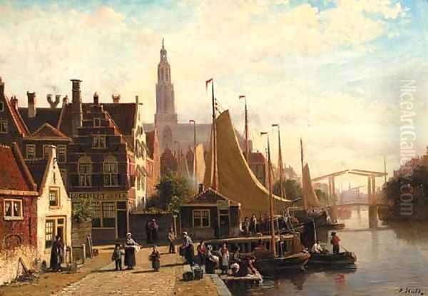 A view of a town in summer with townsfolk on a quay by the Sneek-Lemmer ferry post Oil Painting by Johannes Frederik Hulk