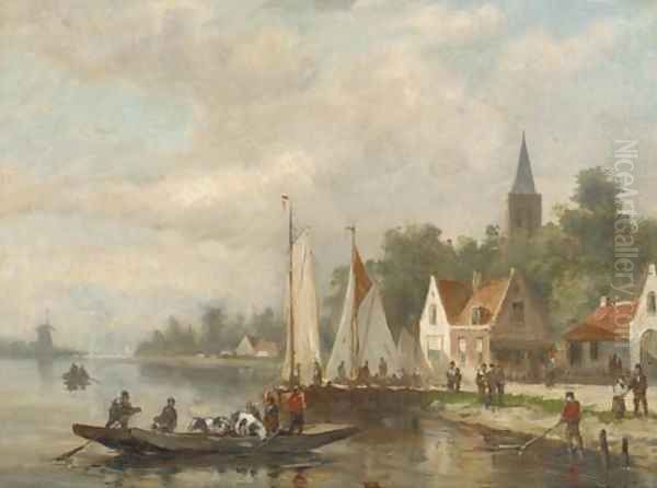 A cattle ferry on a river by a village Oil Painting by Johannes Frederik Hulk