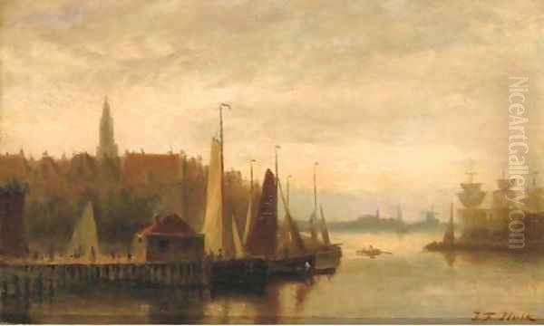 View of a harbour town at dusk Oil Painting by Johannes Frederik Hulk