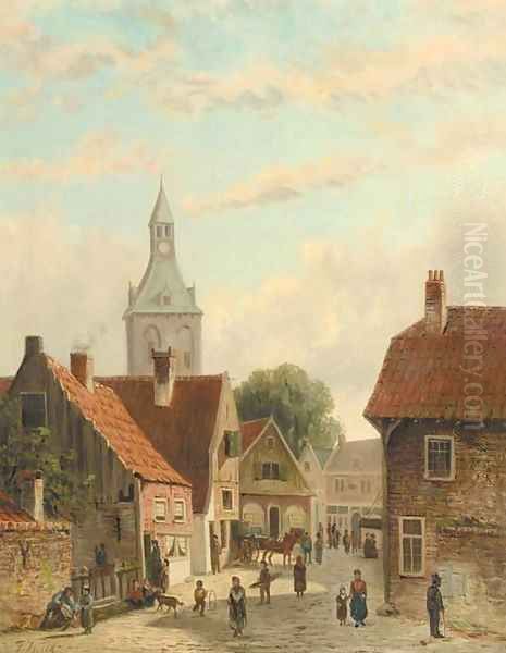 Busy street in a small town Oil Painting by Johannes Frederik Hulk