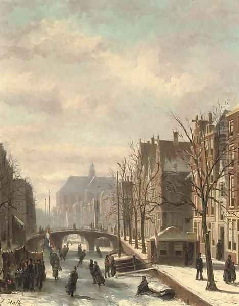 Skating on a Dutch canal Oil Painting by Johannes Frederik Hulk