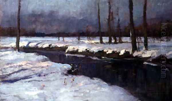 Boat on a River in a Snow Covered Landscape Oil Painting by William Samuel Horton