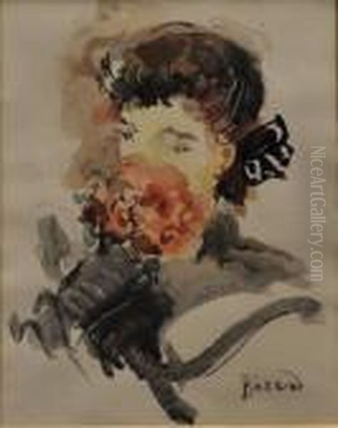 Portrait De Jeune Femme Au Bouquet De Fleurs Rouges Oil Painting by Christian Berard