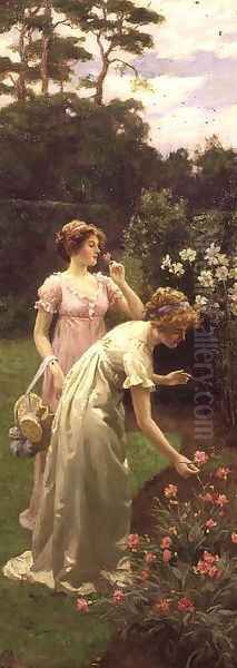 Two Ladies Picking Flowers Oil Painting by Charles Haigh-Wood