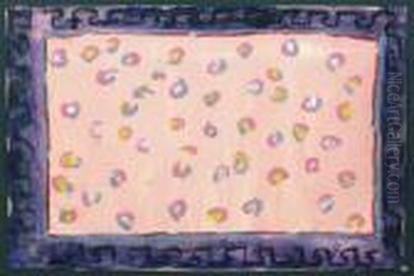 Gouache Polychrome Sur Papier 
Representant Un Projet De Tapis, Jonchee De Roses Stylisees, Fond Rose, 
Bordure Grecque Sur Fond Violet, Rehauts Noirs. Signature Manuscrite 
