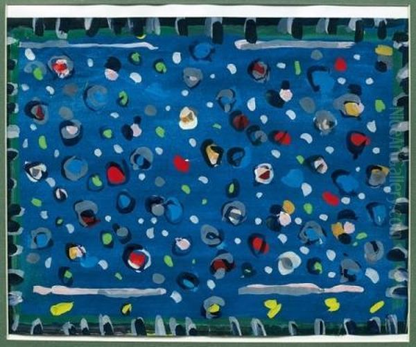 Gouache Polychrome Sur Papier 
Representant Un Projet De Tapis, Jonchee De Roses Stylisees, Fond Bleu, 
Bordure Verte, Rehauts Noirs. Signature Manuscrite 