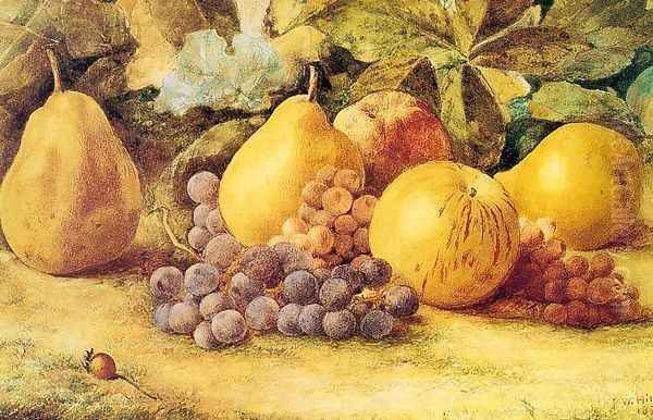 Apples, Pears, and Grapes on the Ground Oil Painting by John William Hill