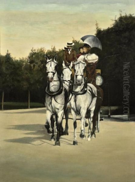 A Family Riding In A Carriage Drawn By Three White Horses Oil Painting by Jean-Georges Beraud