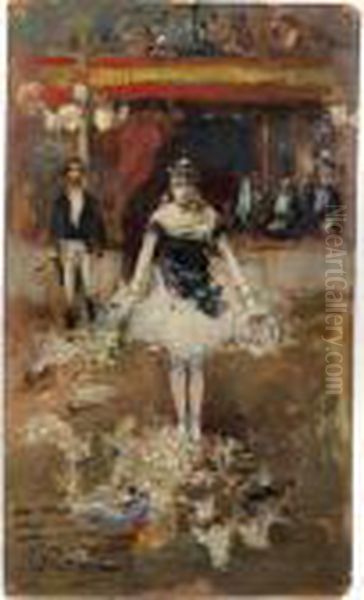 Danseuse Saluant Dans Un Cirque [
 ; Ballet Dancer In A Circus ; Oil On Cardboard Signed Lower Left] Oil Painting by Jean-Georges Beraud