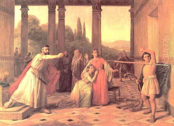 Saul Throwing his Spear at David Oil Painting by Constantin Hansen