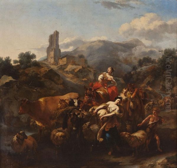 Italienische Berglandschaft Mit Ruinen, Hirtenszene Und Viehherde Oil Painting by Nicolaes Berchem