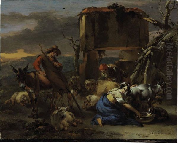 A Shepherdess Milking A Goat Oil Painting by Nicolaes Berchem