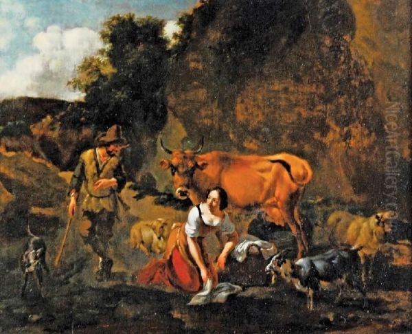 Pejzaz Z Pasterzem I Praczka Oil Painting by Nicolaes Berchem