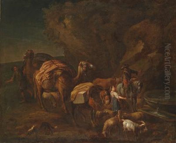 An Oriental Landscape With Camel Drivers And Herders Oil Painting by Nicolaes Berchem