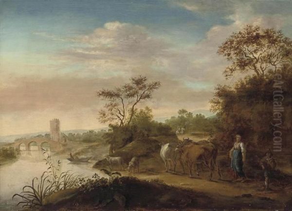 A Wooded River Landscape With A Drover And Her Cattle Watering Oil Painting by Nicolaes Berchem