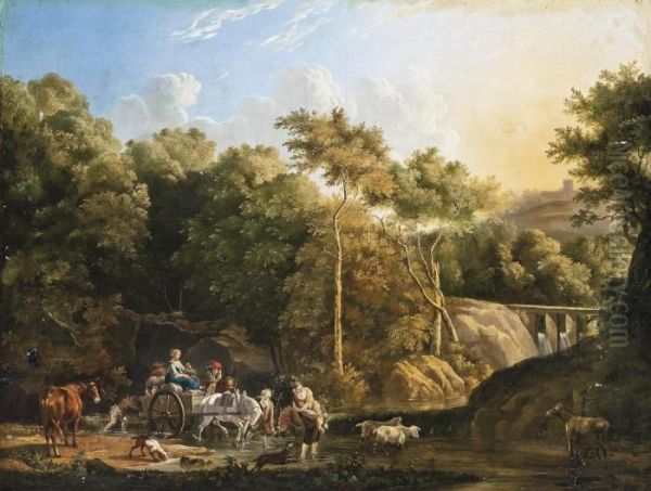 A Wooded River Landscape With Travellers, A Castle Beyond Oil Painting by Nicolaes Berchem