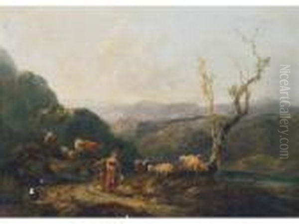 A Peasant Girl And Livestock On A Mountain Path Oil Painting by Nicolaes Berchem