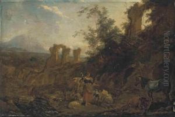 A Mountainous Landscape With A 
Shepherdess With Her Flock And Atraveller With His Horse By Classical 
Ruins Oil Painting by Nicolaes Berchem