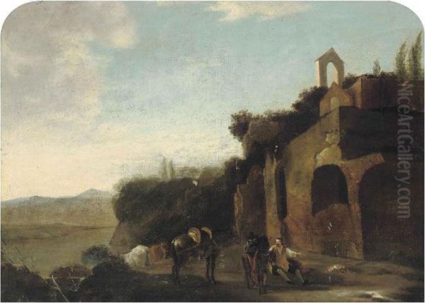 Travellers At Rest Beside A Ruin, An Extensive Landscapebeyond Oil Painting by Nicolaes Berchem