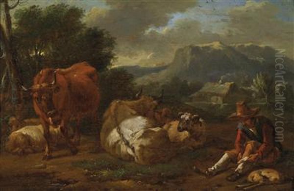 Shepherds In A Roman Landscape Oil Painting by Nicolaes Berchem