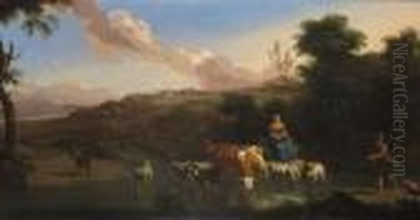 Rustics Cattle And Sheep At A Ford Oil Painting by Nicolaes Berchem