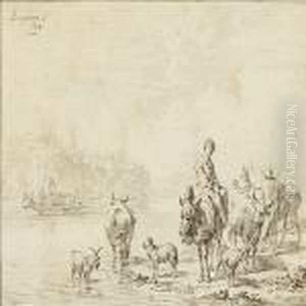 River Landscape With Persons And Animals And Castle Oil Painting by Nicolaes Berchem