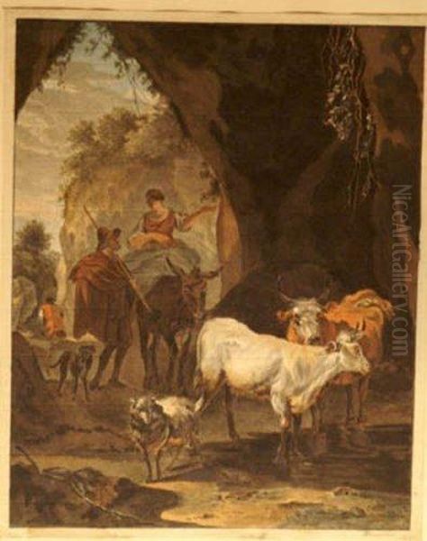 Farmers Guiding There Animals Through A Smallriver Oil Painting by Nicolaes Berchem