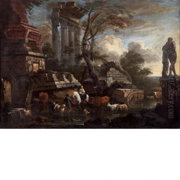 A Herdsman And Hislivestock Crossing A River Beside Roman Ruins Oil Painting by Nicolaes Berchem