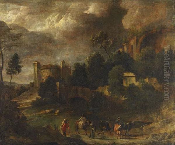 Italianisierende Landschaft Mit Wanderer Undkuhhirten. Oil Painting by Nicolaes Berchem