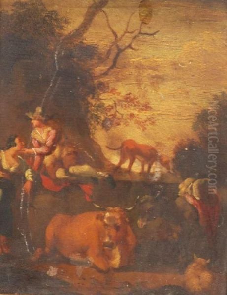 Animals Andpeasants In A Landscape Oil Painting by Nicolaes Berchem